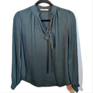 Green Teal Long Sleeve Tie-neck Top